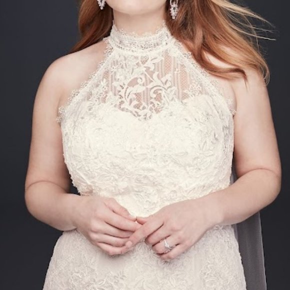 Lace High Neck Wedding Dress Ivory Plus Size Sleeveless - Picture 3 of 5